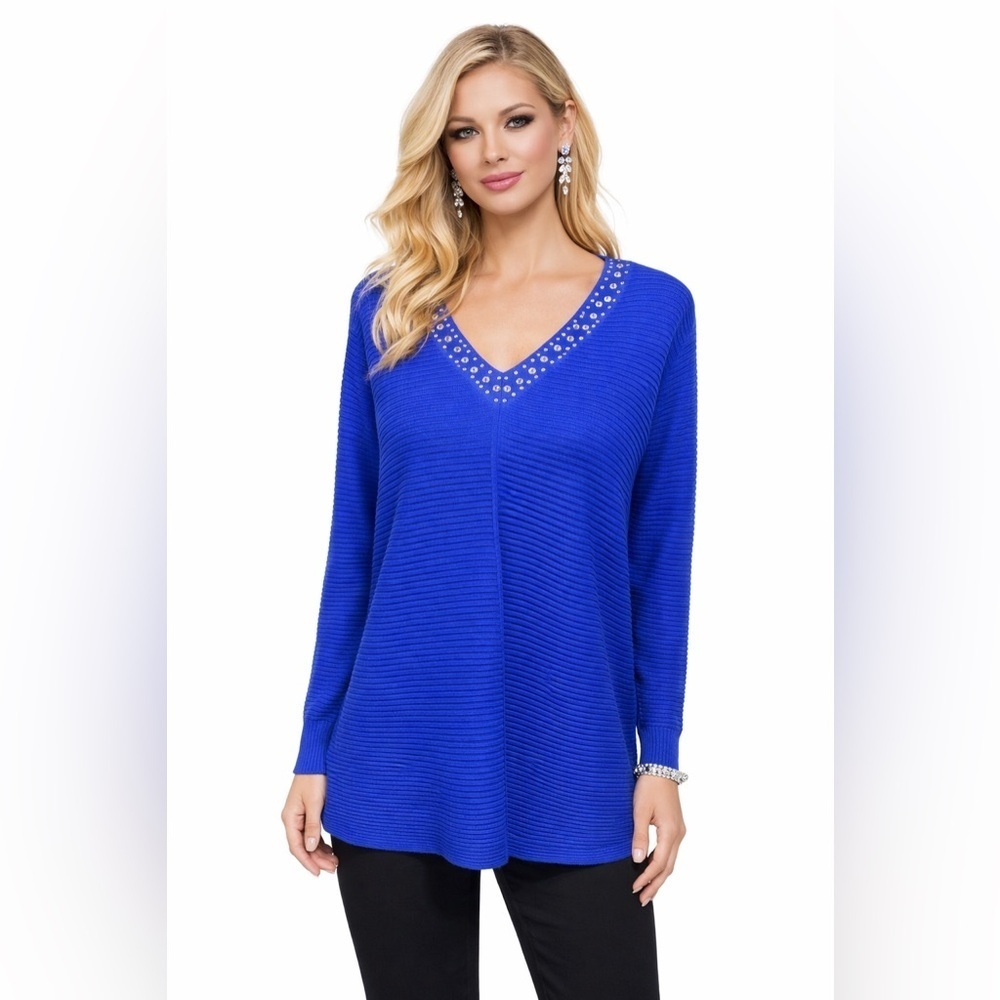 Cyrus Sweater Womens 1X Plus Cobalt Blue Studded V Neck Long Sleeve Pullover